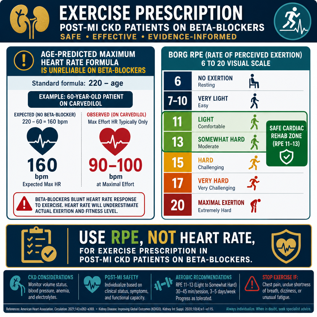 RPE scale for exercise prescription in post-MI CKD patients on beta-blockers — heart rate targets unreliable, use Borg RPE 11-13 target zone