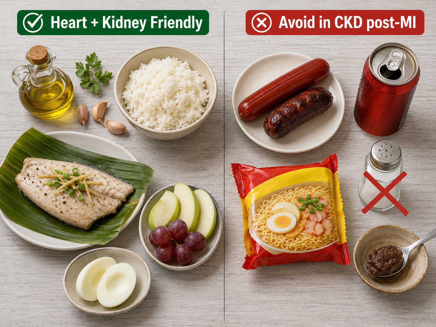 Split image: Heart + Kidney Friendly Filipino foods (bangus, white rice, olive oil, garlic, apple, grapes, egg white) vs Avoid in CKD post-MI (hotdog, longganisa, dark cola, instant noodles, salt shaker with red X, bagoong)