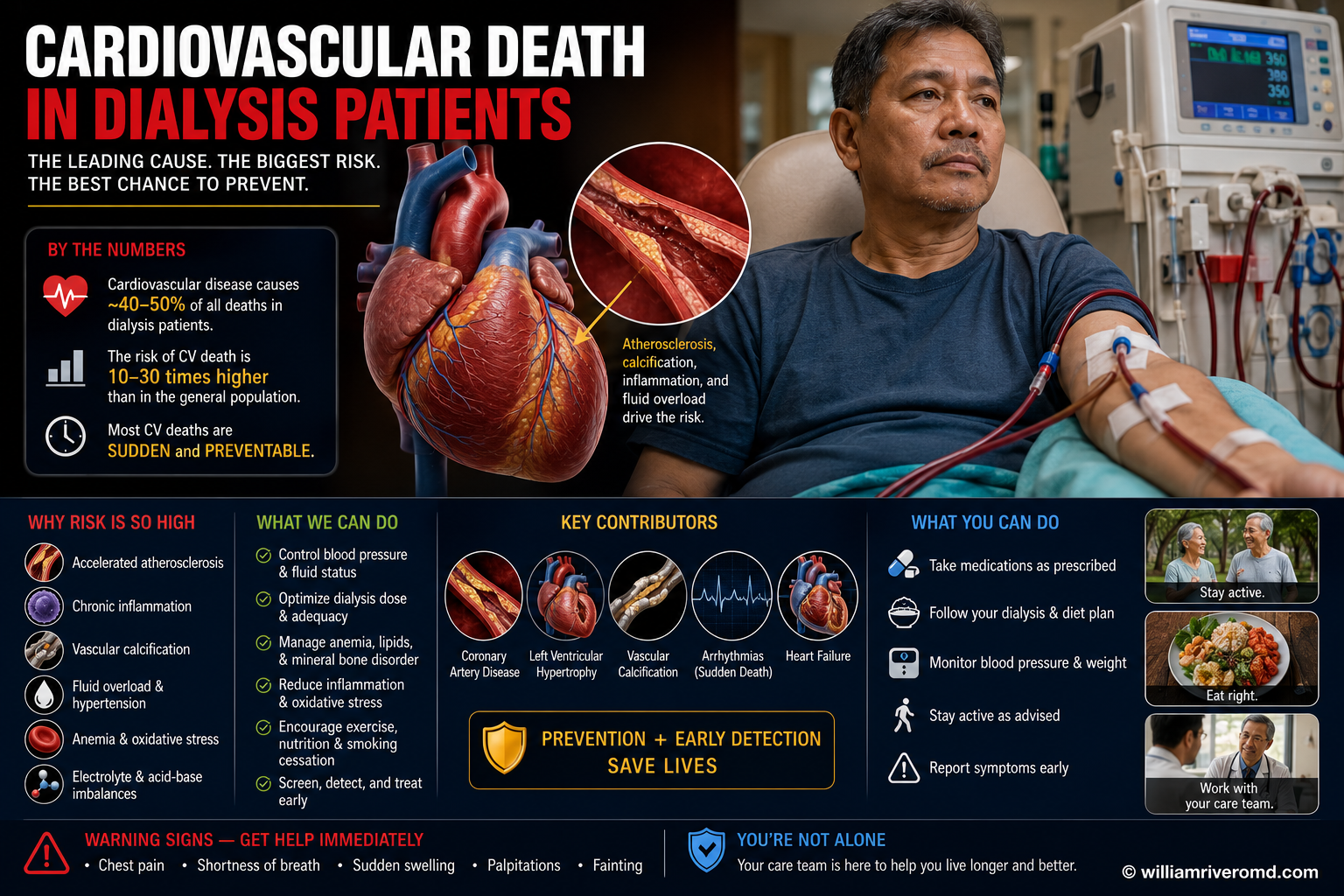 Cardiac monitor tracing beside a hemodialysis machine in a dialysis centre — cardiovascular risk in ESRD