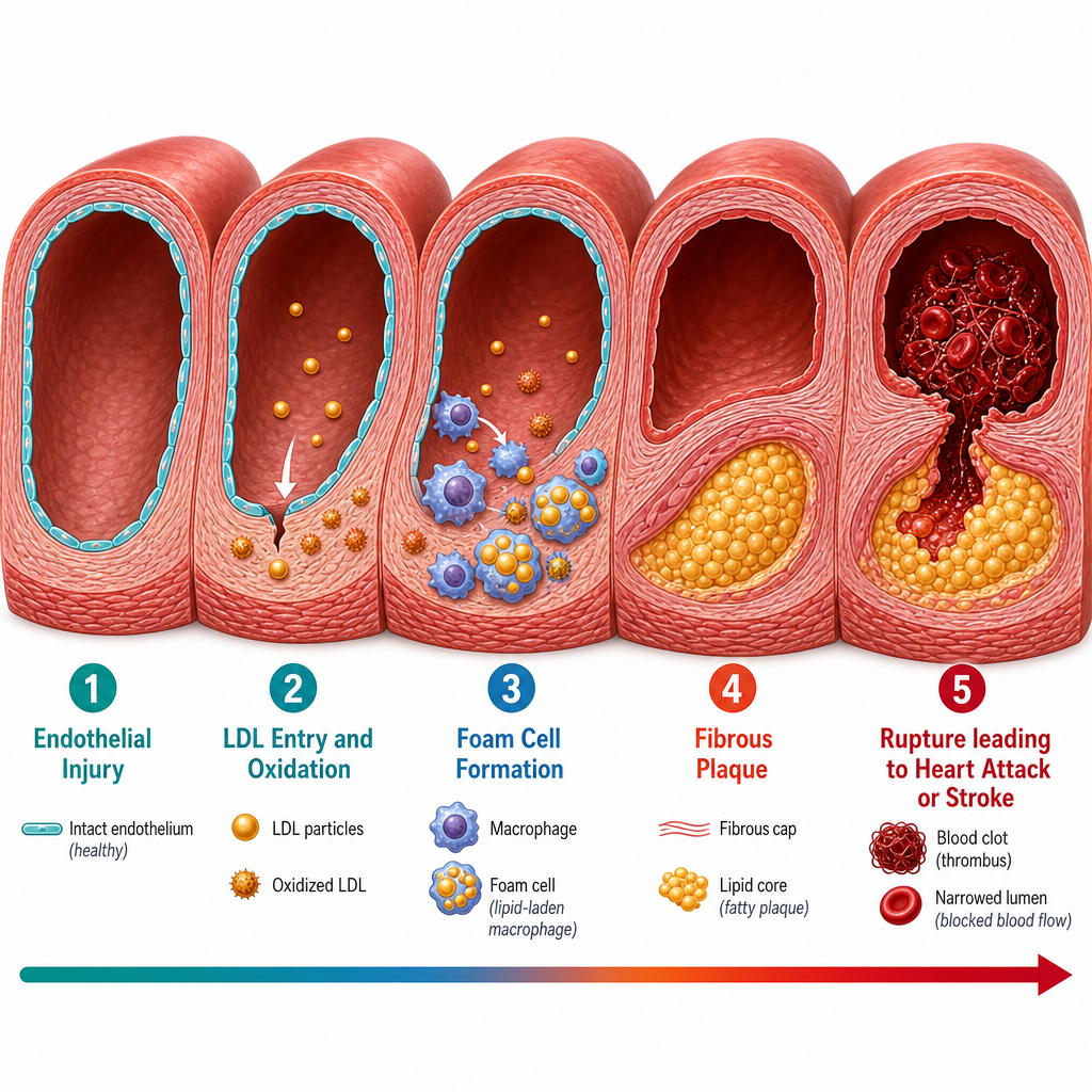 Five-stage progression of atherosclerosis: from healthy artery to plaque rupture and heart attack