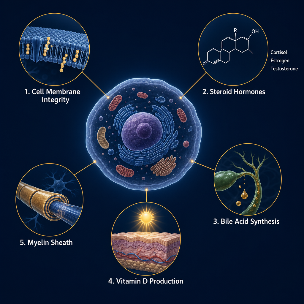 Diagram showing the 6 essential roles of cholesterol in the human body