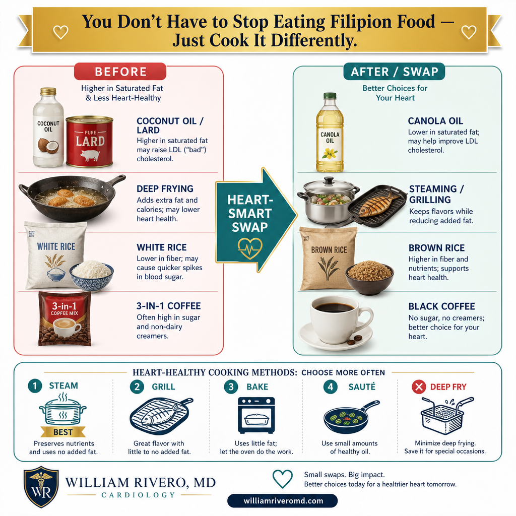 Filipino kitchen cooking tips for heart health: switching from lard to canola oil, steaming over frying, reading food labels, and simple dish swaps