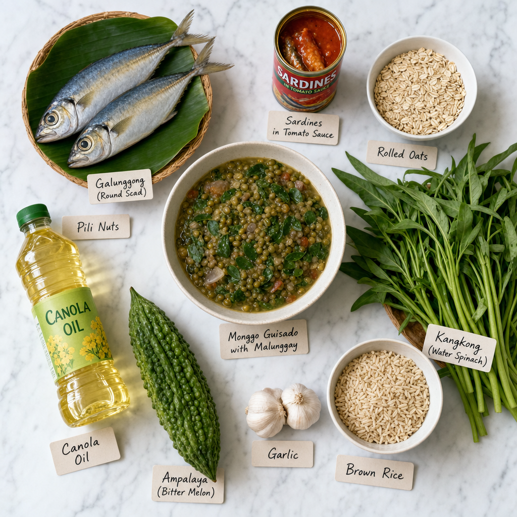 Overhead photo of heart-healthy Filipino foods: monggo guisado, galunggong, sardines, oats, kangkong, pili nuts, canola oil, ampalaya, garlic, brown rice