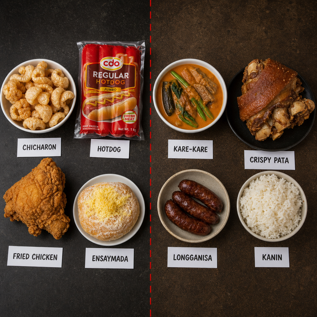 Overhead photo of Filipino foods to avoid (chicharon, processed hotdog, fried chicken, ensaymada) and limit (kare-kare, crispy pata, longganisa, white rice)