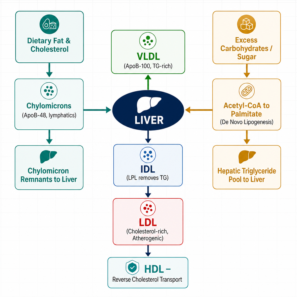 Diagram showing how dietary fat and excess carbohydrates both lead to LDL cholesterol via the liver through VLDL and IDL