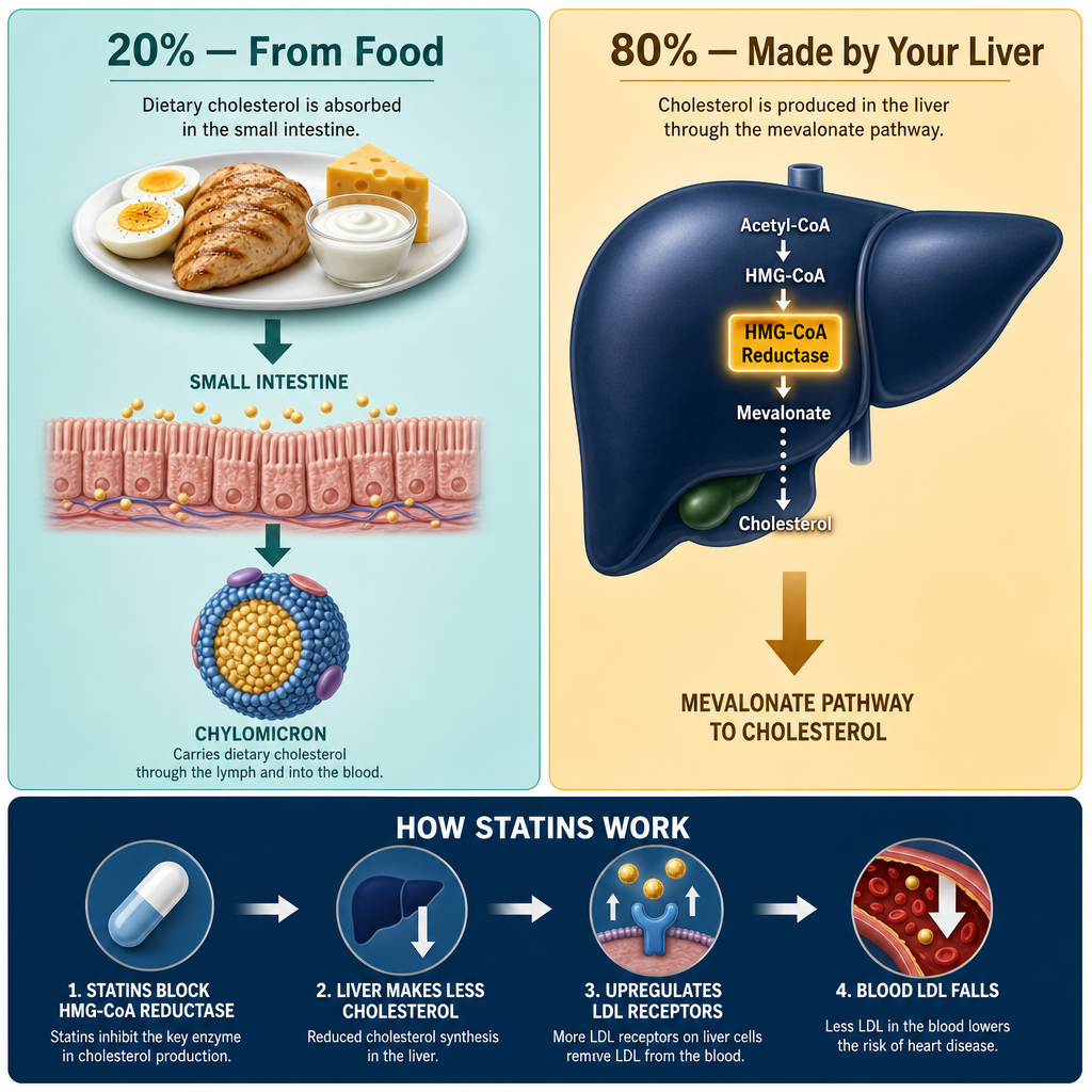 Split panel infographic: 20% of cholesterol comes from food, 80% is made by the liver via HMG-CoA reductase