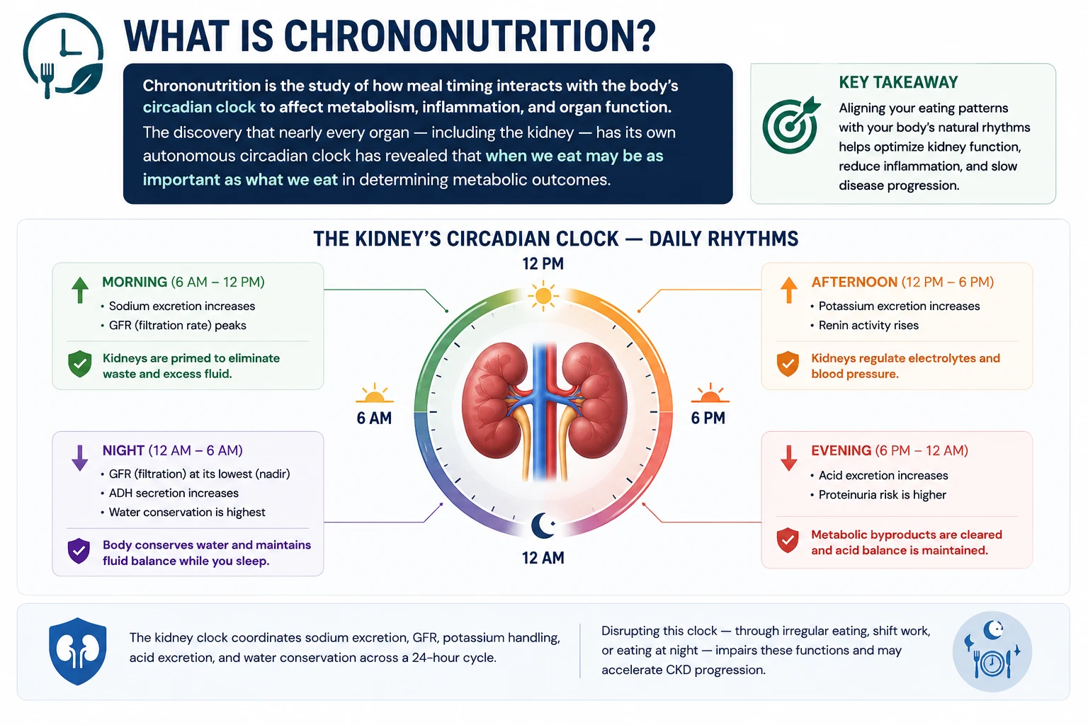 What is Chrononutrition? The kidney's circadian clock and daily rhythms across 24 hours: morning (6 AM–12 PM) sodium excretion increases and GFR peaks — kidneys primed to eliminate waste and excess fluid; afternoon (12 PM–6 PM) potassium excretion increases and renin activity rises — kidneys regulate electrolytes and blood pressure; evening (6 PM–12 AM) acid excretion increases and proteinuria risk is higher — metabolic byproducts cleared and acid balance maintained; night (12 AM–6 AM) GFR at its nadir, ADH secretion increases, water conservation is highest — body conserves water while you sleep. Disrupting this clock through irregular eating, shift work, or eating at night may accelerate CKD progression