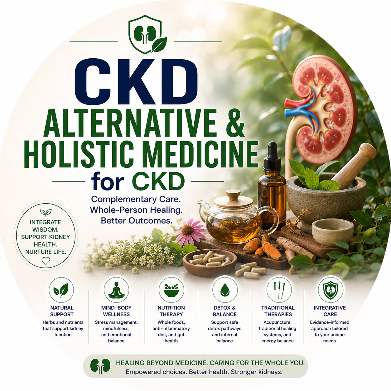 Circular vignette hero illustration for the alternative and holistic medicine in CKD guide.