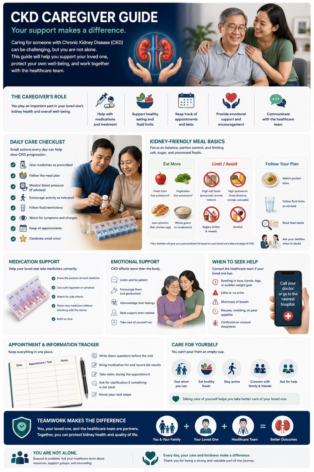 CKD Caregiver Guide: daily care checklist (medications, meal plan, blood pressure, appointments), kidney-friendly meal basics, medication support, emotional support, when to seek emergency help, appointment tracker, and care for yourself. Key message: teamwork between you, your loved one, and the healthcare team leads to better outcomes.