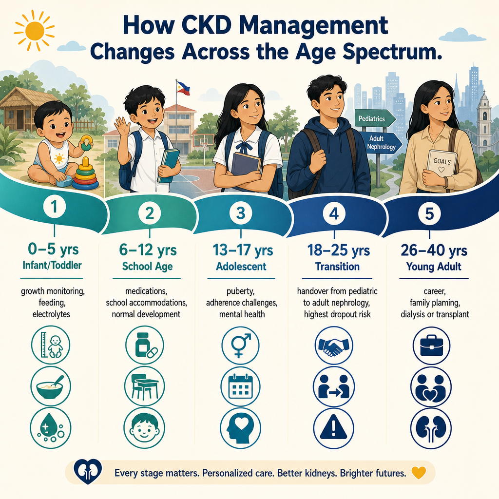 How CKD management changes across the age spectrum — horizontal timeline infographic with five life stages: 0–5 yrs Infant/Toddler (growth monitoring, feeding, electrolytes), 6–12 yrs School Age (medications, school accommodations), 13–17 yrs Adolescent (puberty, adherence, mental health), 18–25 yrs Transition (highest dropout risk), 26–40 yrs Young Adult (career, family planning, dialysis or transplant)