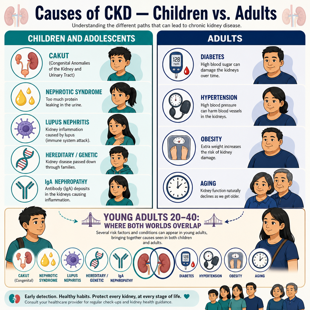 Causes of CKD: Children vs Adults — two-column infographic. Children and Adolescents column: CAKUT, nephrotic syndrome, lupus nephritis, hereditary/genetic, IgA nephropathy. Adults column: diabetes, hypertension, obesity, aging. Bridge section at bottom: Young Adults 20–40 where both worlds overlap