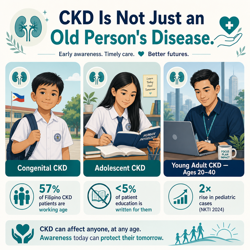 CKD Is Not Just an Old Person's Disease — three-panel infographic showing a Filipino child with congenital CKD, a Filipino teenager with adolescent CKD, and a Filipino young professional with young adult CKD, with statistics below each panel
