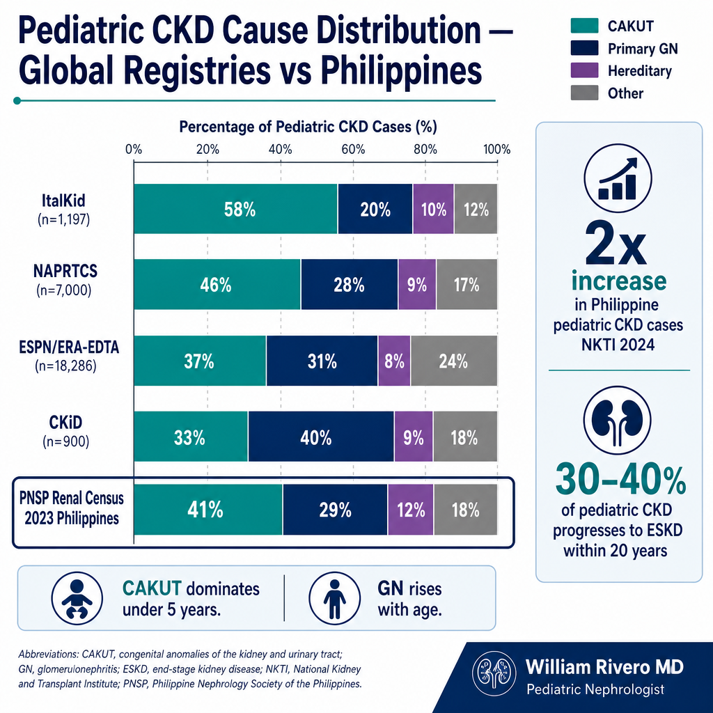 Pediatric CKD cause distribution — grouped horizontal bar chart comparing CAKUT, GN, hereditary and other causes across ItalKid, NAPRTCS, ESPN/ERA-EDTA, CKiD, and PNSP Philippines registries