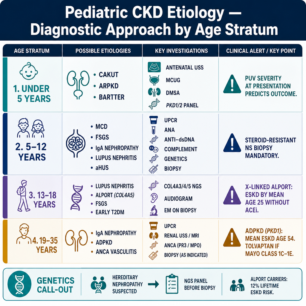 Pediatric CKD etiology diagnostic framework — four horizontal swim lanes by age stratum showing primary diagnoses, key investigations, and clinical alerts for under 5 years, 5-12 years, 13-18 years, and 19-35 years