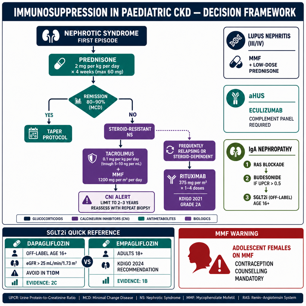 Immunosuppression decision framework in pediatric CKD — vertical flowchart from nephrotic syndrome first episode through steroid-resistant disease, rituximab, lupus nephritis, aHUS, and IgA nephropathy pathways, with SGLT2i quick reference panel
