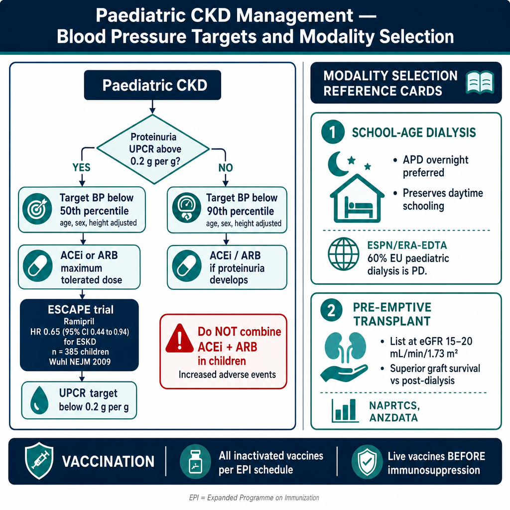 Pediatric CKD management decision algorithm — BP target decision tree for proteinuric vs non-proteinuric CKD with ESCAPE trial data, plus modality selection cards for APD and pre-emptive transplant