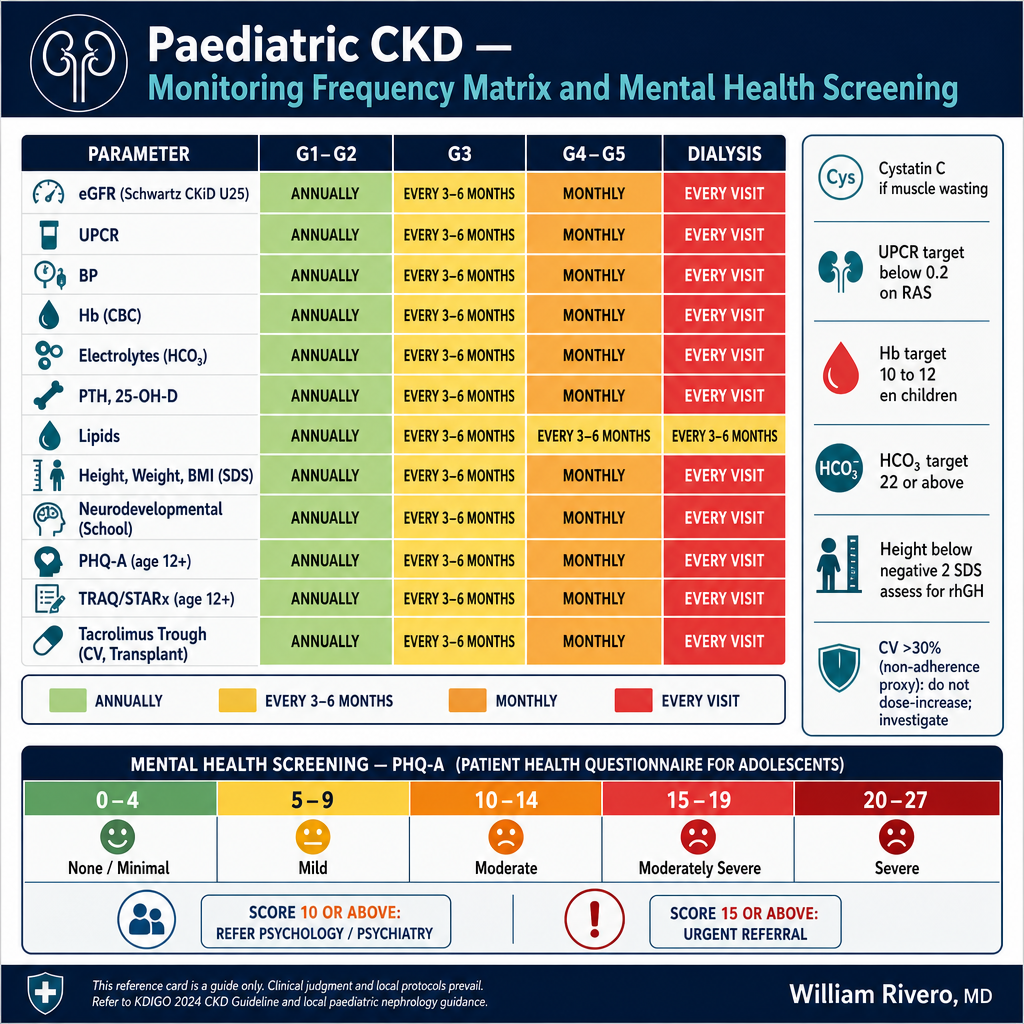 Pediatric CKD monitoring frequency matrix — color-coded table showing monitoring intervals for 12 parameters across CKD stages G1-G2, G3, and G4-G5/dialysis, plus PHQ-A mental health screening scoring strip