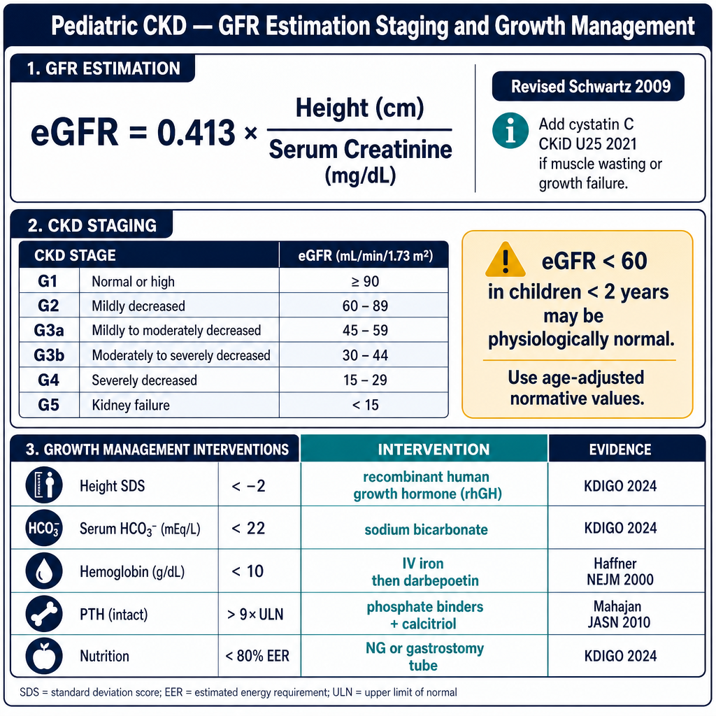 Pediatric CKD reference card showing the Revised Schwartz eGFR formula, KDIGO 2024 G1-G5 staging thresholds with pediatric modification for children under 2 years, and growth management quick-reference grid covering rhGH, bicarbonate, anemia, CKD-MBD, and nutrition targets