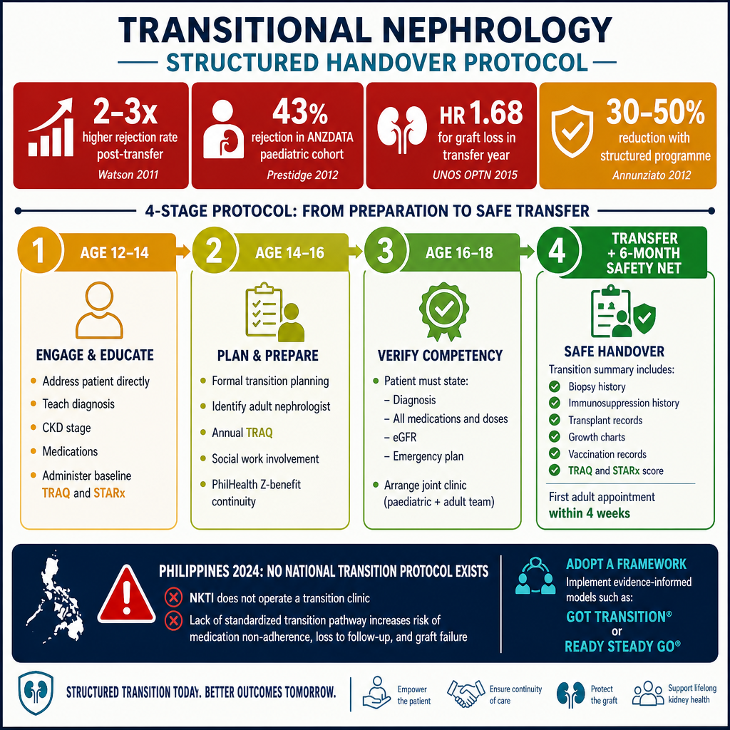 Transitional nephrology structured handover protocol — four-stage timeline from age 12 to transfer with evidence statistics showing 2-3x rejection rate increase and HR 1.68 graft loss risk post-transfer, plus Philippine-specific gap alert