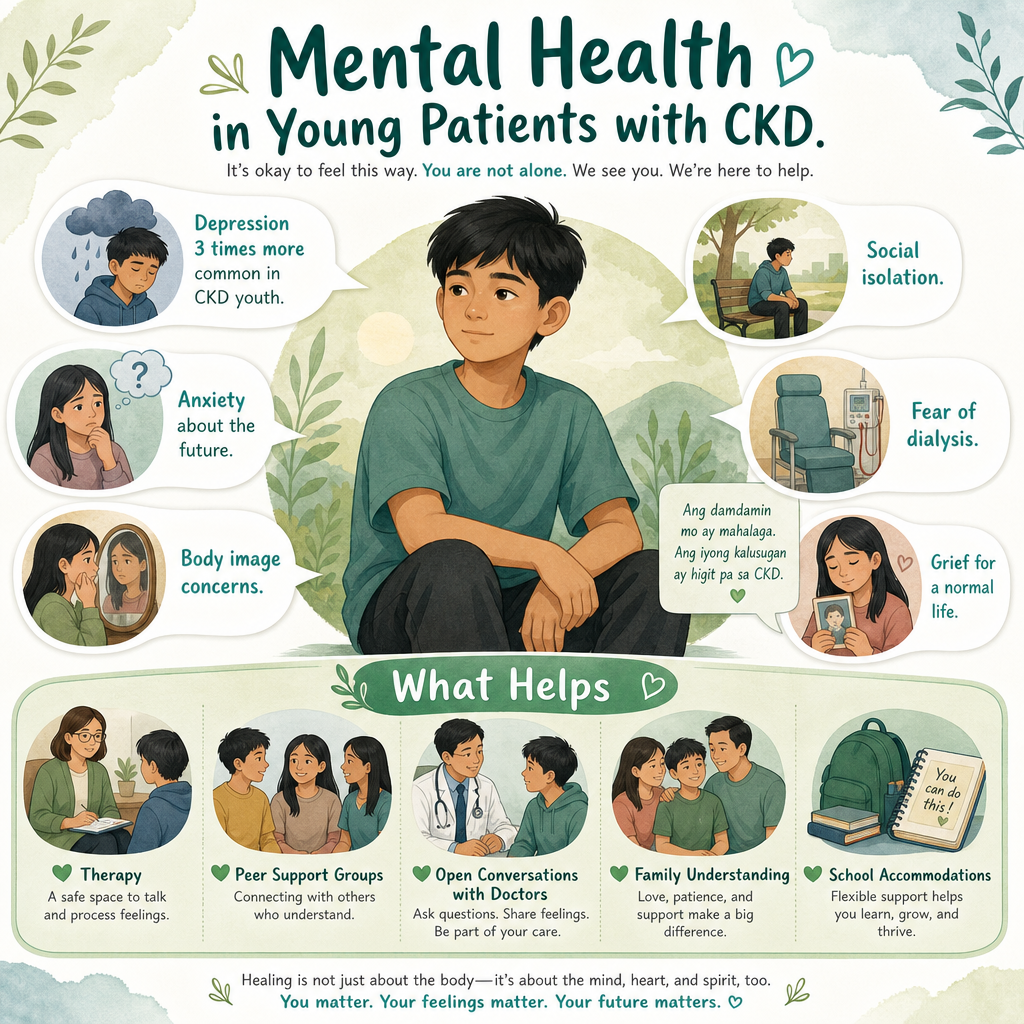 Mental health in young patients with CKD — gentle destigmatizing infographic with a Filipino teenager at center looking reflective, surrounded by speech bubbles: depression 3x more common in CKD youth, anxiety about the future, body image concerns, social isolation, fear of dialysis, grief for a normal life. Below: What Helps section with icons for therapy, peer support groups, family understanding
