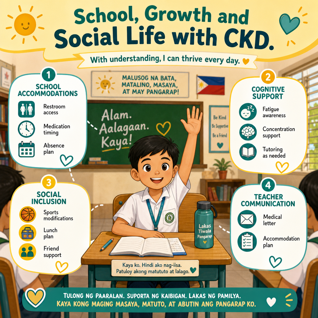 School, growth and social life with CKD — infographic showing a Filipino child raising a hand confidently in class with four surrounding callout bubbles: school accommodations, cognitive support, social inclusion, and teacher communication