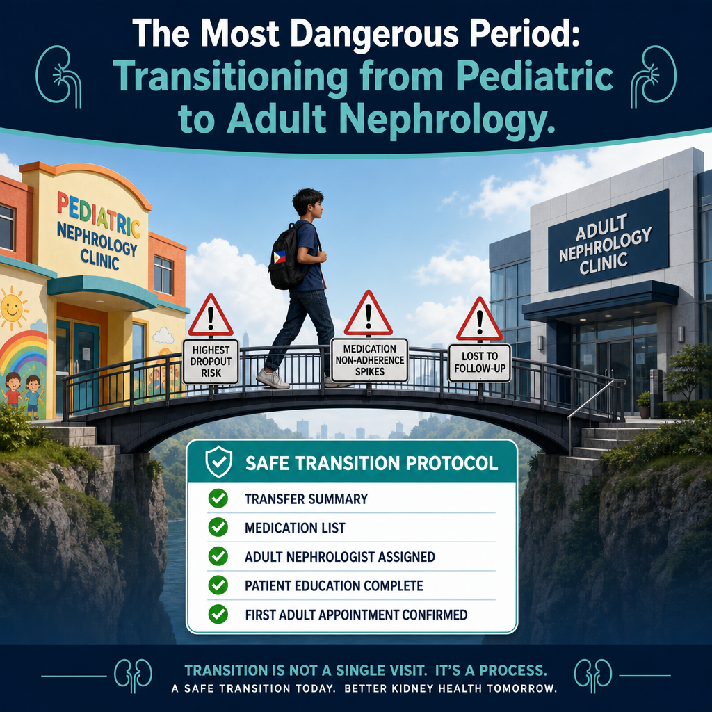 The most dangerous period: transitioning from pediatric to adult nephrology — bridge infographic connecting a warm child-friendly pediatric clinic to a professional adult nephrology clinic, with a Filipino teenager walking across surrounded by warnings: highest dropout risk, medication non-adherence spikes, lost to follow-up. Below: safe transition protocol checklist