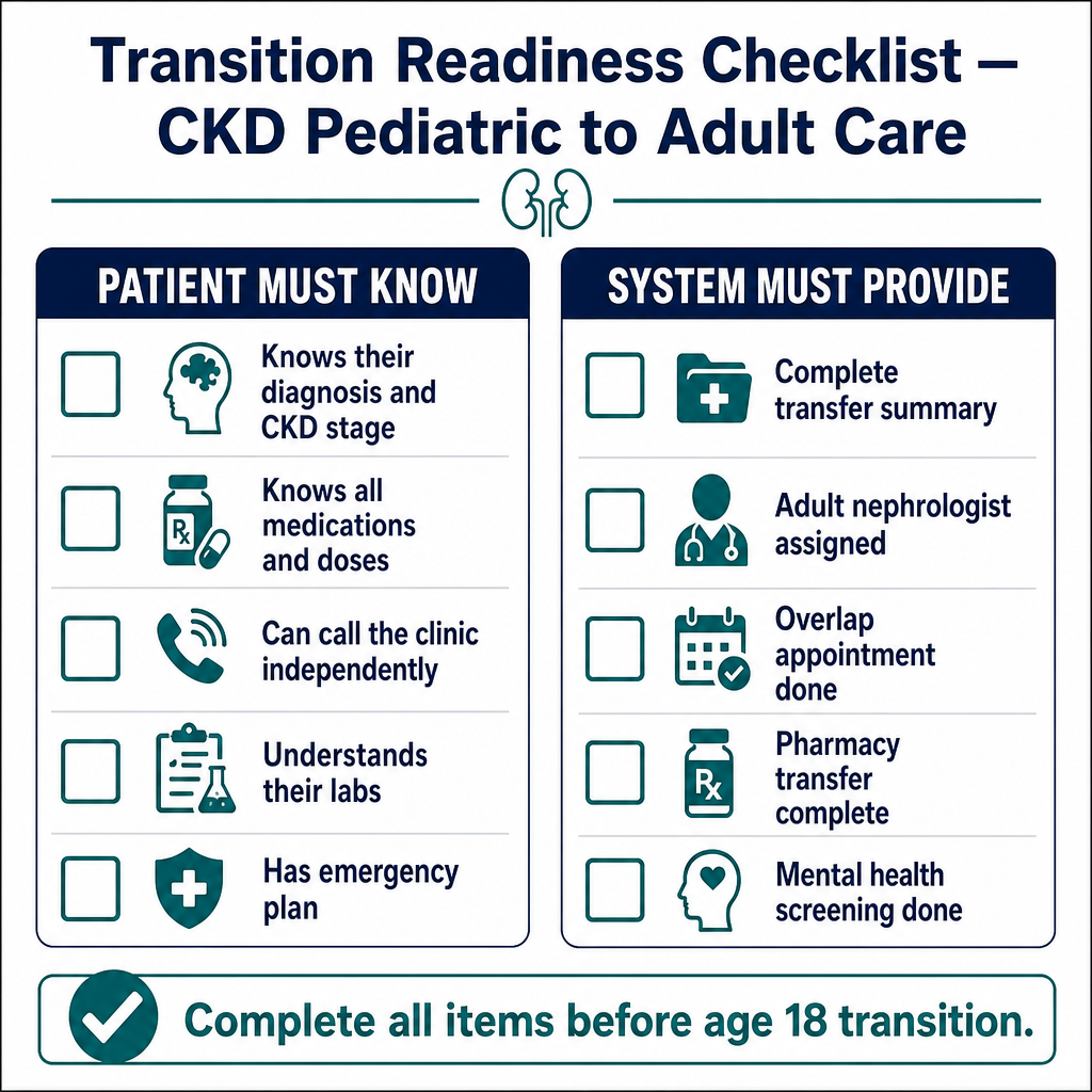 Transition readiness checklist for CKD pediatric to adult care — two-column printable checklist. Left column Patient Must Know: diagnosis and CKD stage, all medications and doses, can call clinic independently, understands labs, has emergency plan. Right column System Must Provide: transfer summary, adult nephrologist assigned, overlap appointment done, pharmacy transfer complete, mental health screening done
