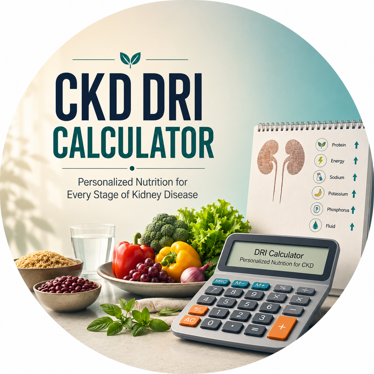 Circular vignette hero illustration for the daily nutrition prescription CKD calculator.