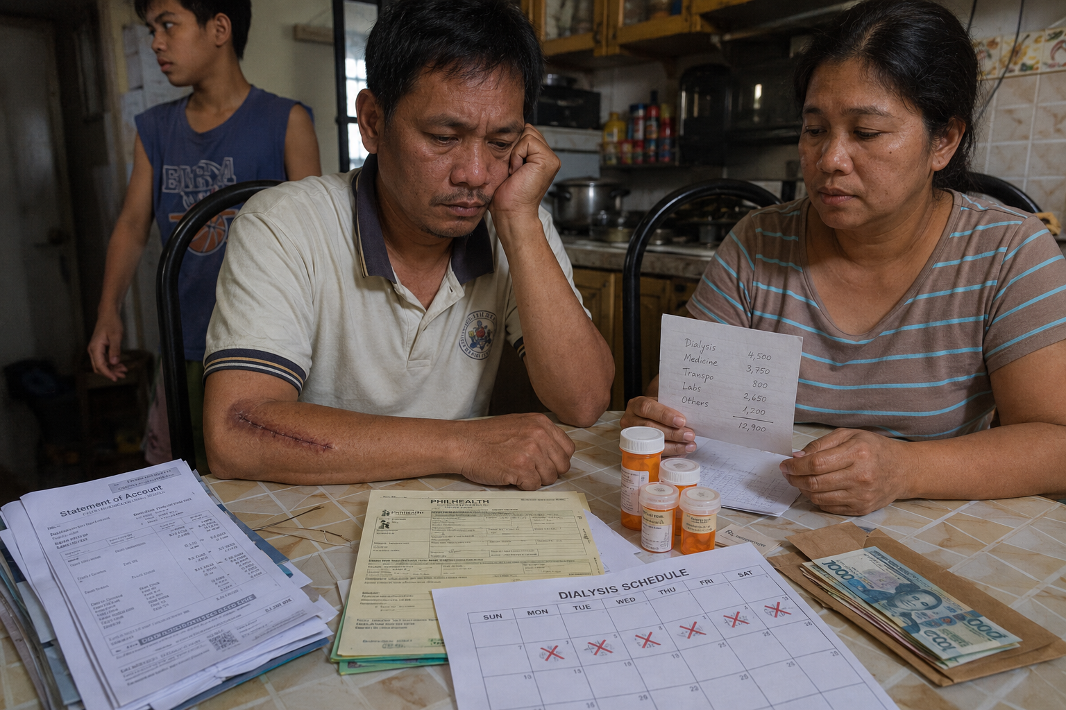 Filipino dialysis patient and his wife at a kitchen table reviewing hospital billing statements, PhilHealth forms, dialysis schedule, medicine bottles, and a handwritten expense list totaling ₱12,900