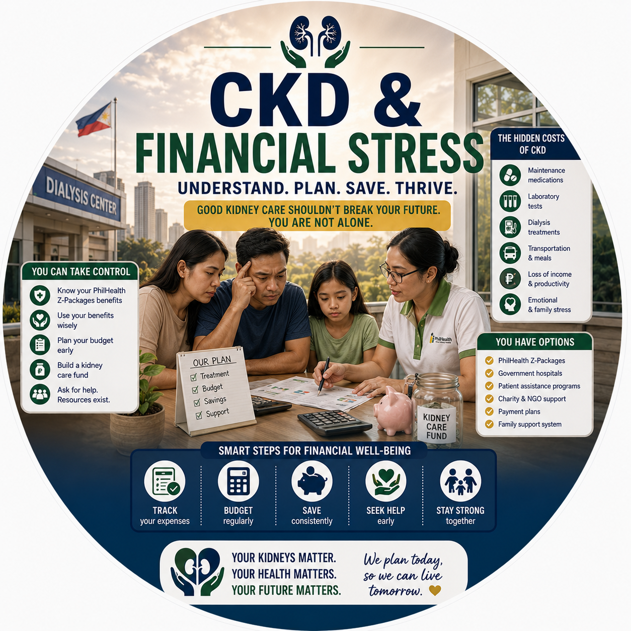 Circular vignette hero illustration for the CKD financial stress guide.