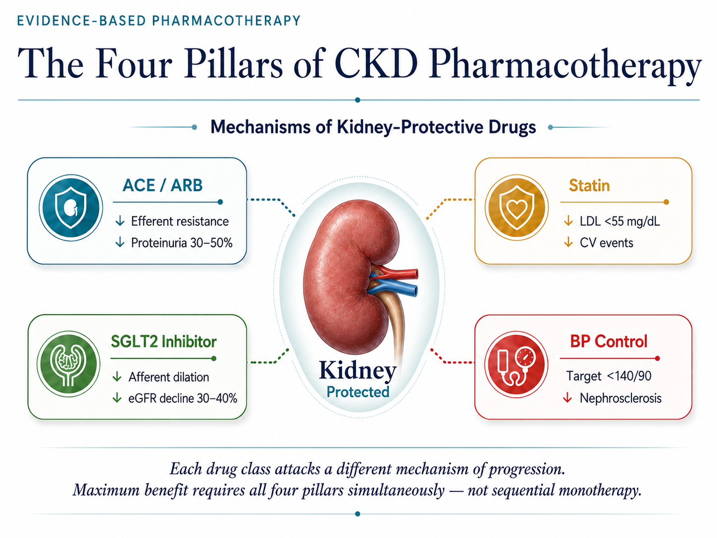 The Four Pillars of CKD Pharmacotherapy — ACE/ARB (lowers efferent resistance, cuts proteinuria 30-50%), SGLT2 inhibitor (reduces afferent dilation, slows eGFR decline 30-40%), statin (LDL <55 mg/dL, fewer CV events), and BP control (target <140/90, less nephrosclerosis). Each drug class attacks a different mechanism of progression; maximum benefit requires all four pillars simultaneously, not sequential monotherapy.