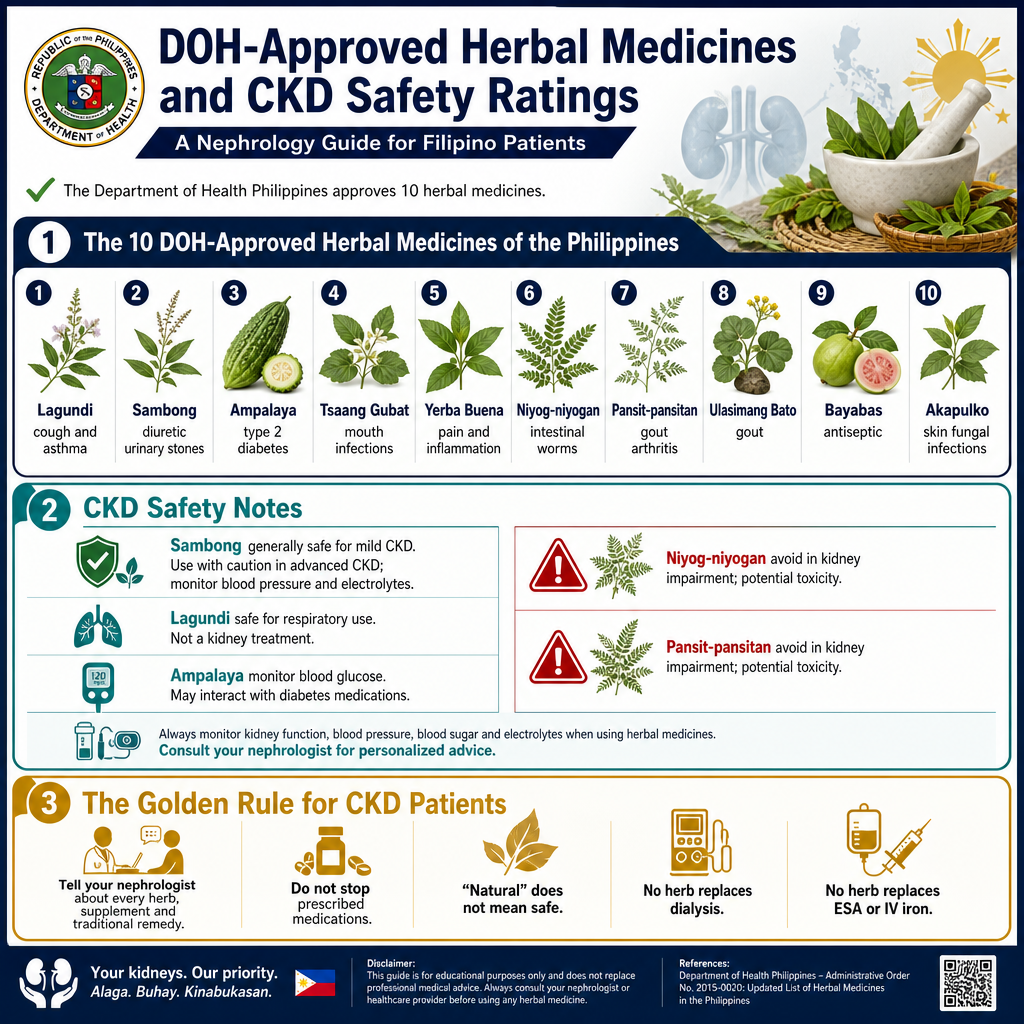 DOH-approved Filipino medicinal herbs and their CKD safety profile — ampalaya, lagundi, sambong, tsaang gubat, yerba buena: evidence, benefits, and kidney-safety ratings
