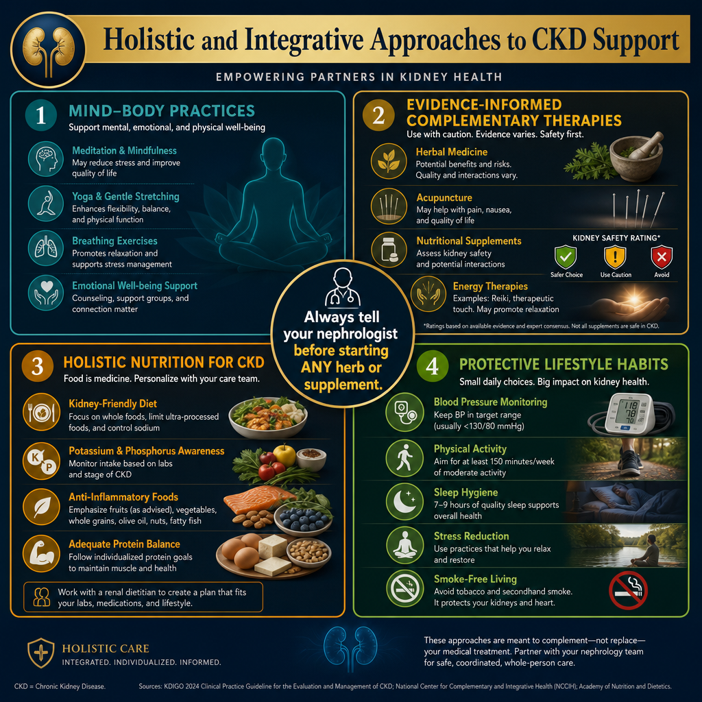Holistic and integrative medicine approaches in CKD — overview infographic showing evidence-based herbs, mind-body practices, nutrition, and lifestyle interventions alongside conventional nephrology care