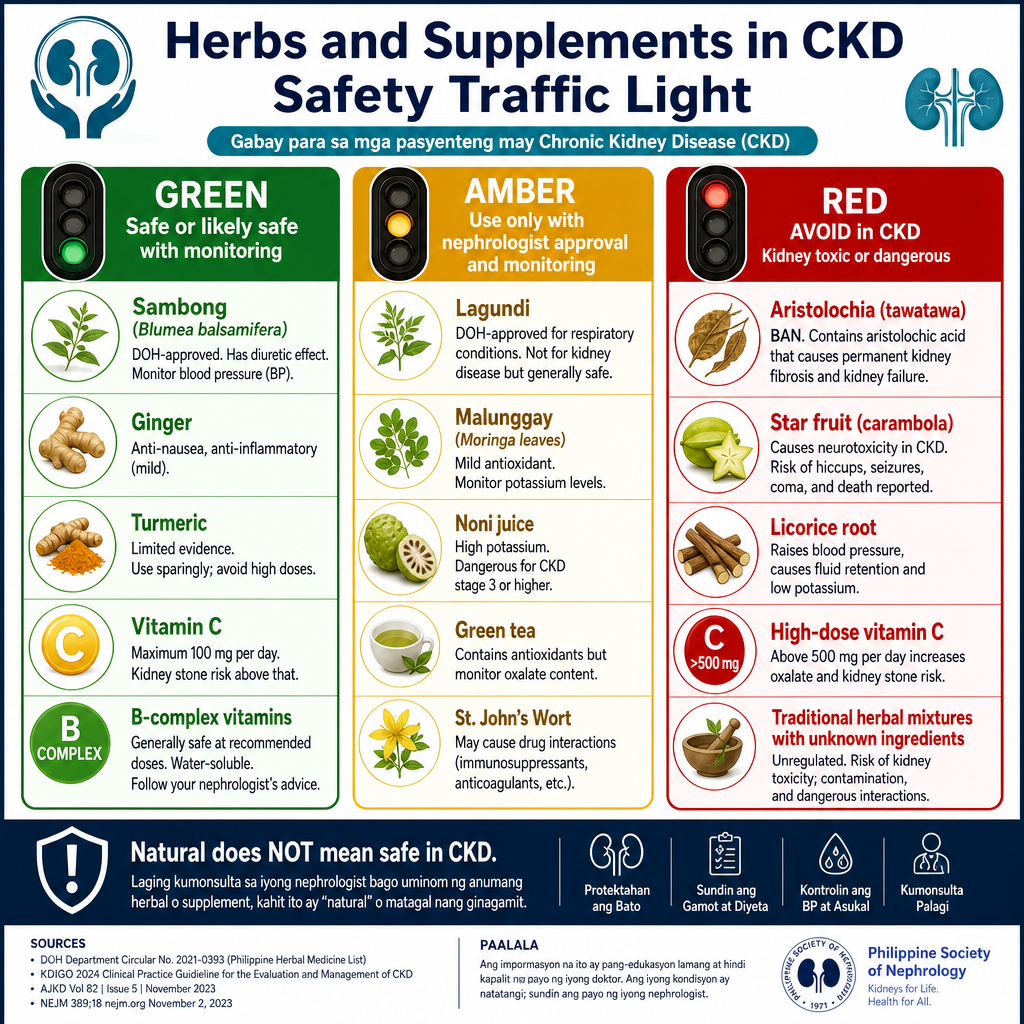 Herb and supplement safety traffic-light system for CKD patients — green safe, amber use with caution, red avoid completely — clinical reference for integrative nephrology
