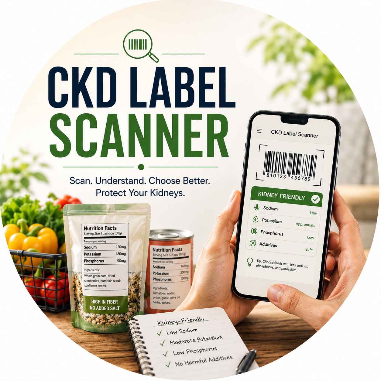 Circular vignette hero illustration for the CKD nutrition label scanner.