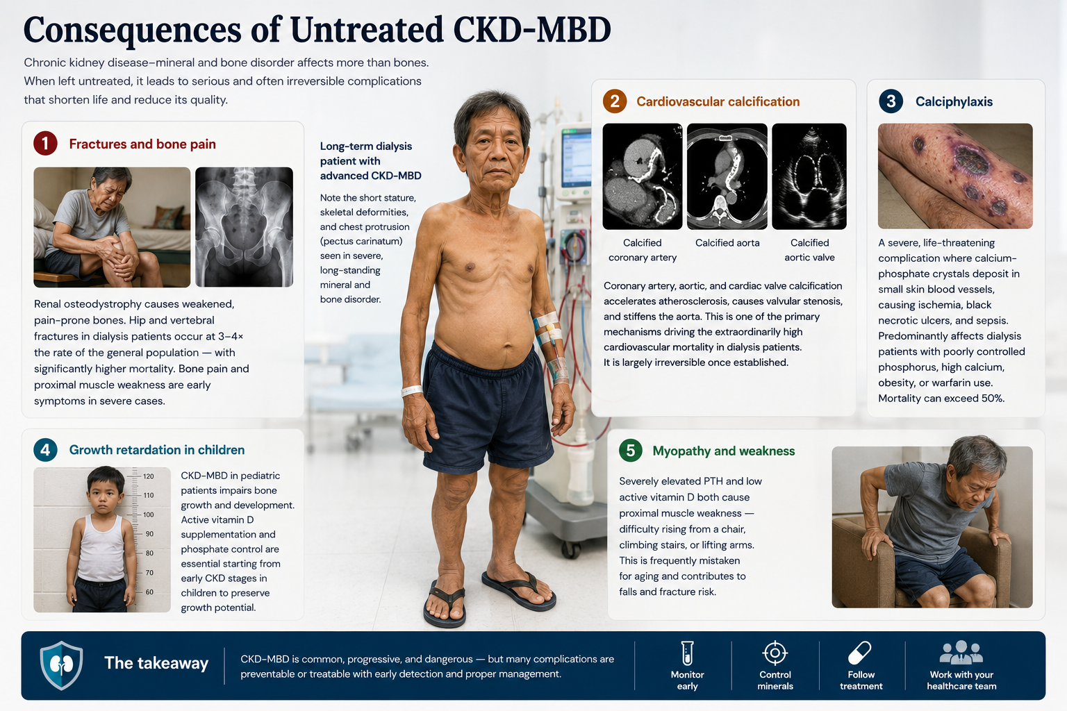 Consequences of Untreated CKD-MBD — fractures, cardiovascular calcification, calciphylaxis, growth retardation, myopathy