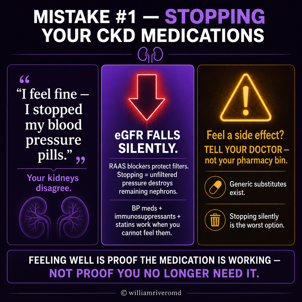Infographic: Why Stopping CKD Medications Is Dangerous — purple-violet three-panel visual showing silent kidney damage from stopping RAAS blockers, why feeling well means medications are working, and how to handle side effects