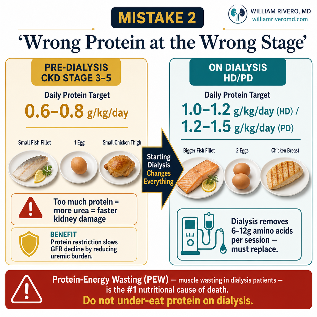 Infographic: Wrong Protein at the Wrong Stage — split chart showing pre-dialysis protein restriction vs dialysis high-protein needs, with Filipino food examples