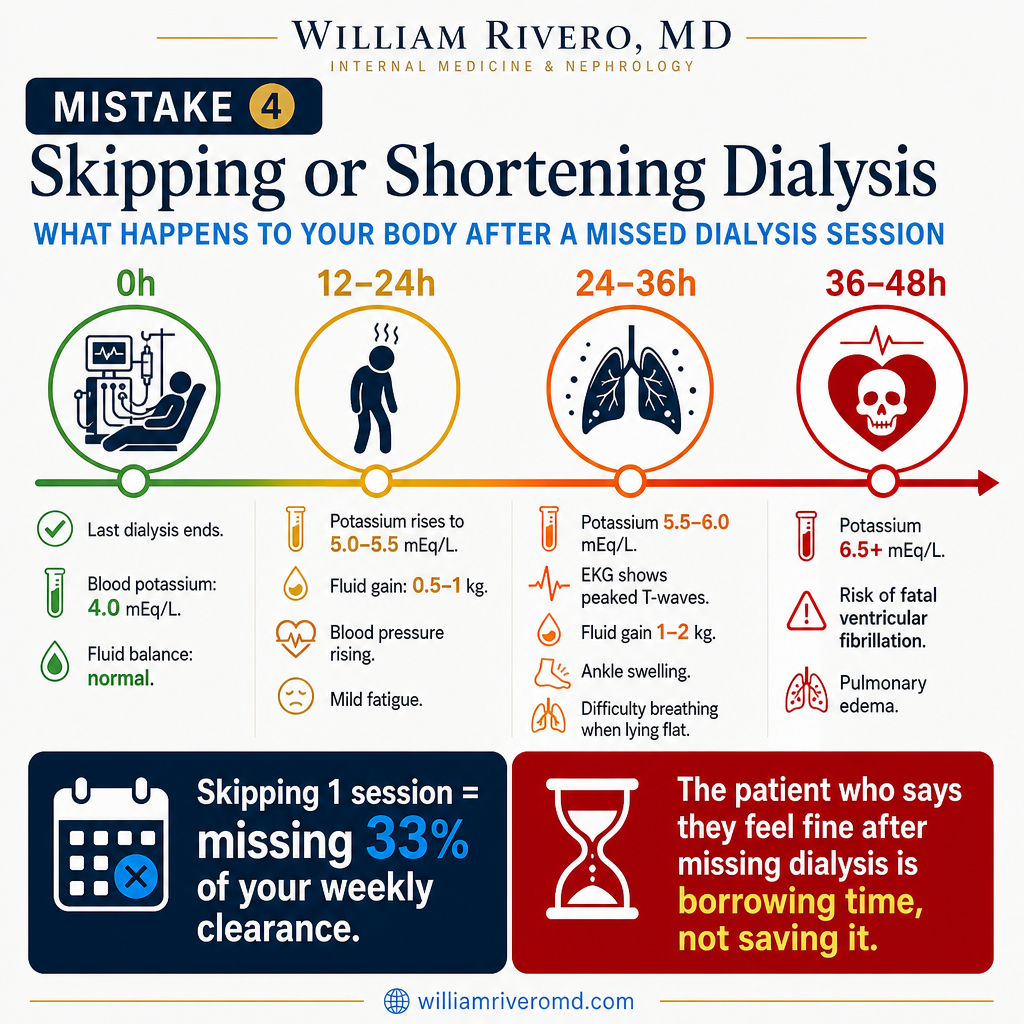 Infographic: Skipping or Shortening Dialysis — timeline showing potassium and fluid danger levels at 0, 12–24, 24–36, and 36–48 hours after a missed session