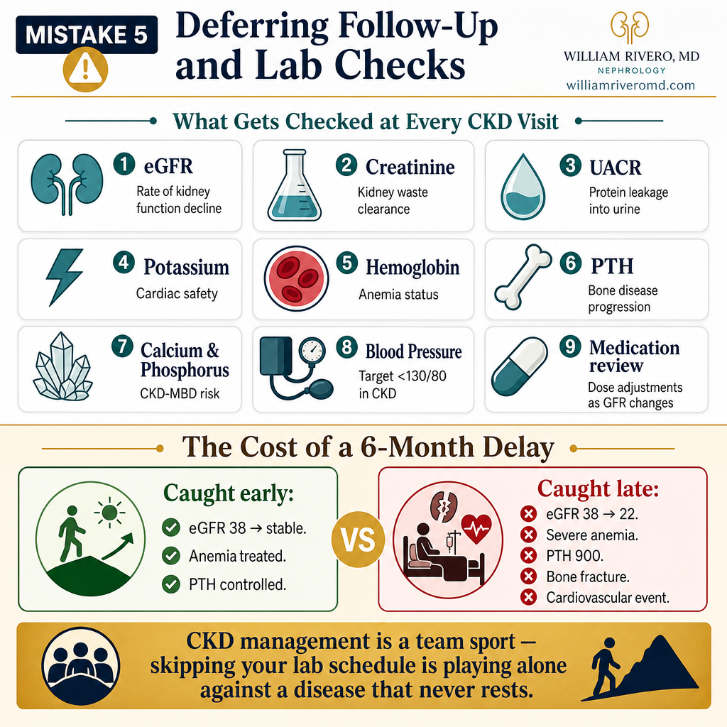 Infographic: Deferring CKD Follow-Up and Lab Checks — grid of 9 monitored parameters and before/after comparison of early vs late detection outcomes