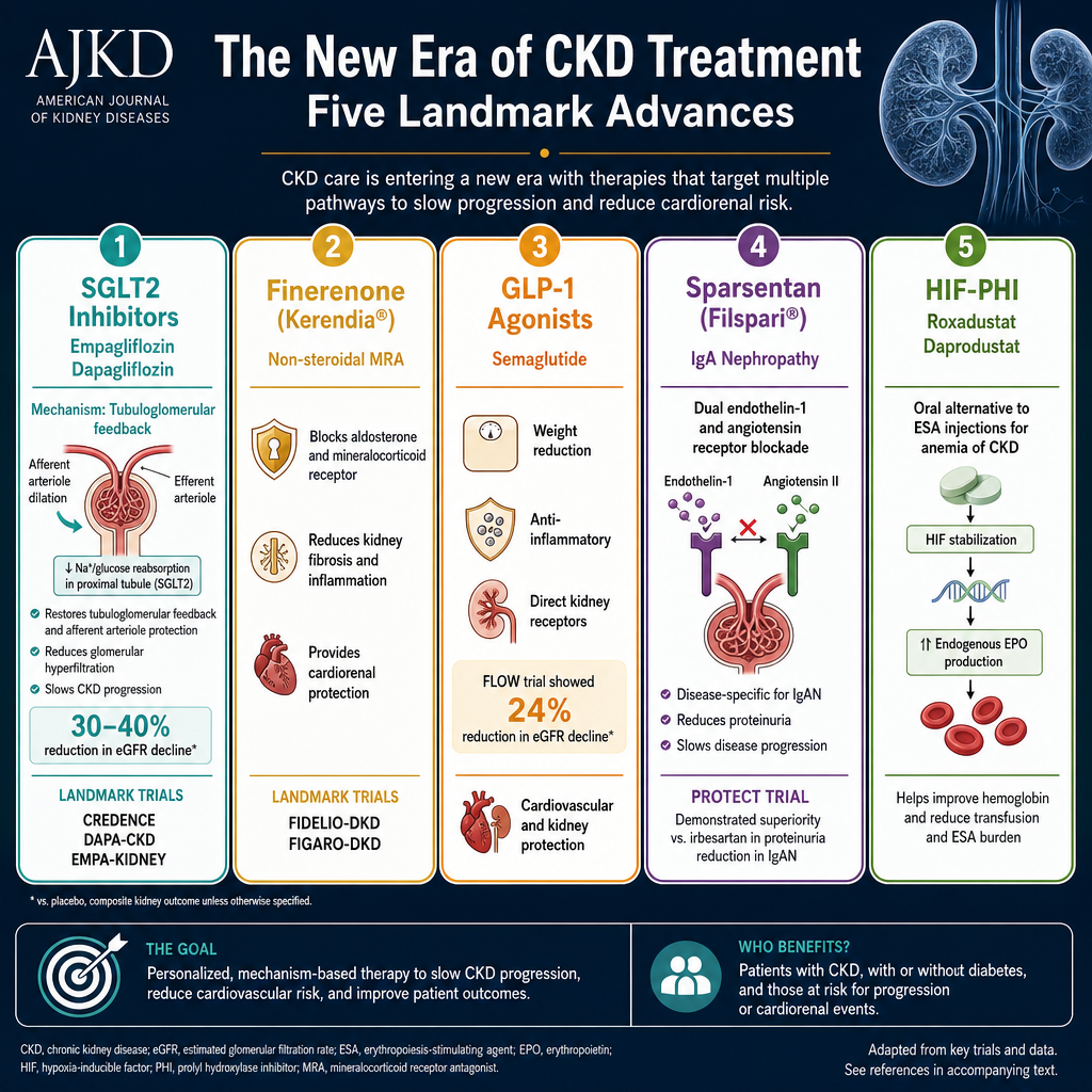 New CKD therapeutic agents overview — SGLT2 inhibitors, finerenone (non-steroidal MRA), GLP-1 receptor agonists, sparsentan, HIF-PHI — landmark trials, mechanisms, and clinical evidence 2019–2025