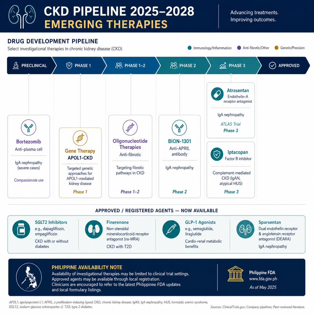CKD drug pipeline 2025–2028 — atacicept, atrasentan, zibotentan, CHK-336, sparsentan Phase 3 — emerging therapies for IgA nephropathy, FSGS, oxalate nephropathy, and diabetic kidney disease