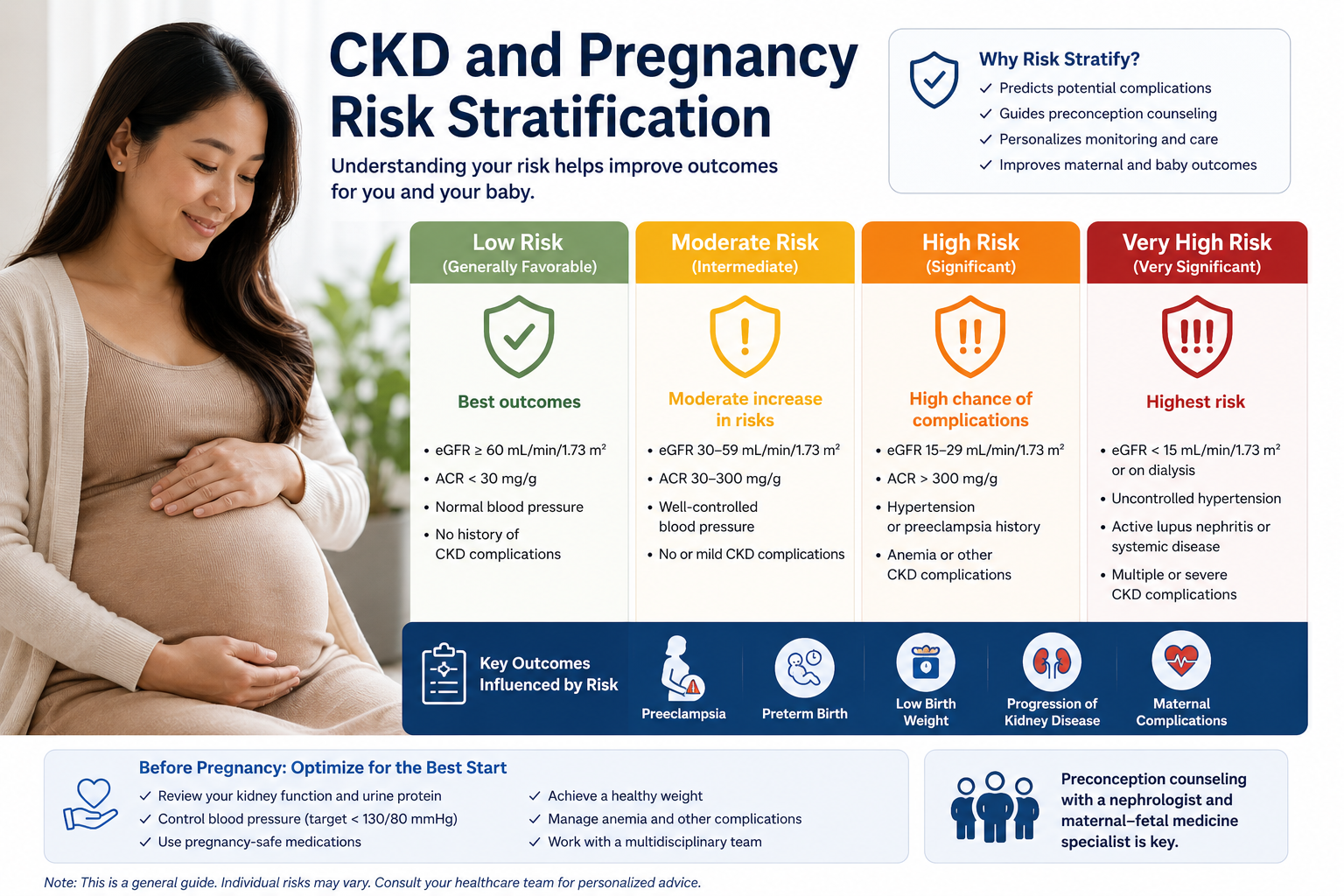 CKD stage vs pregnancy risk pyramid showing maternal and fetal risk from Stage 1 through 5D