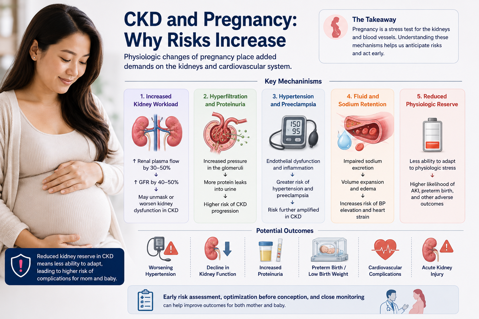Six-pathway diagram showing how CKD complicates pregnancy through blunted renal reserve, endothelial dysfunction, proteinuria amplification, anemia, RAAS dysregulation, and mineral imbalance
