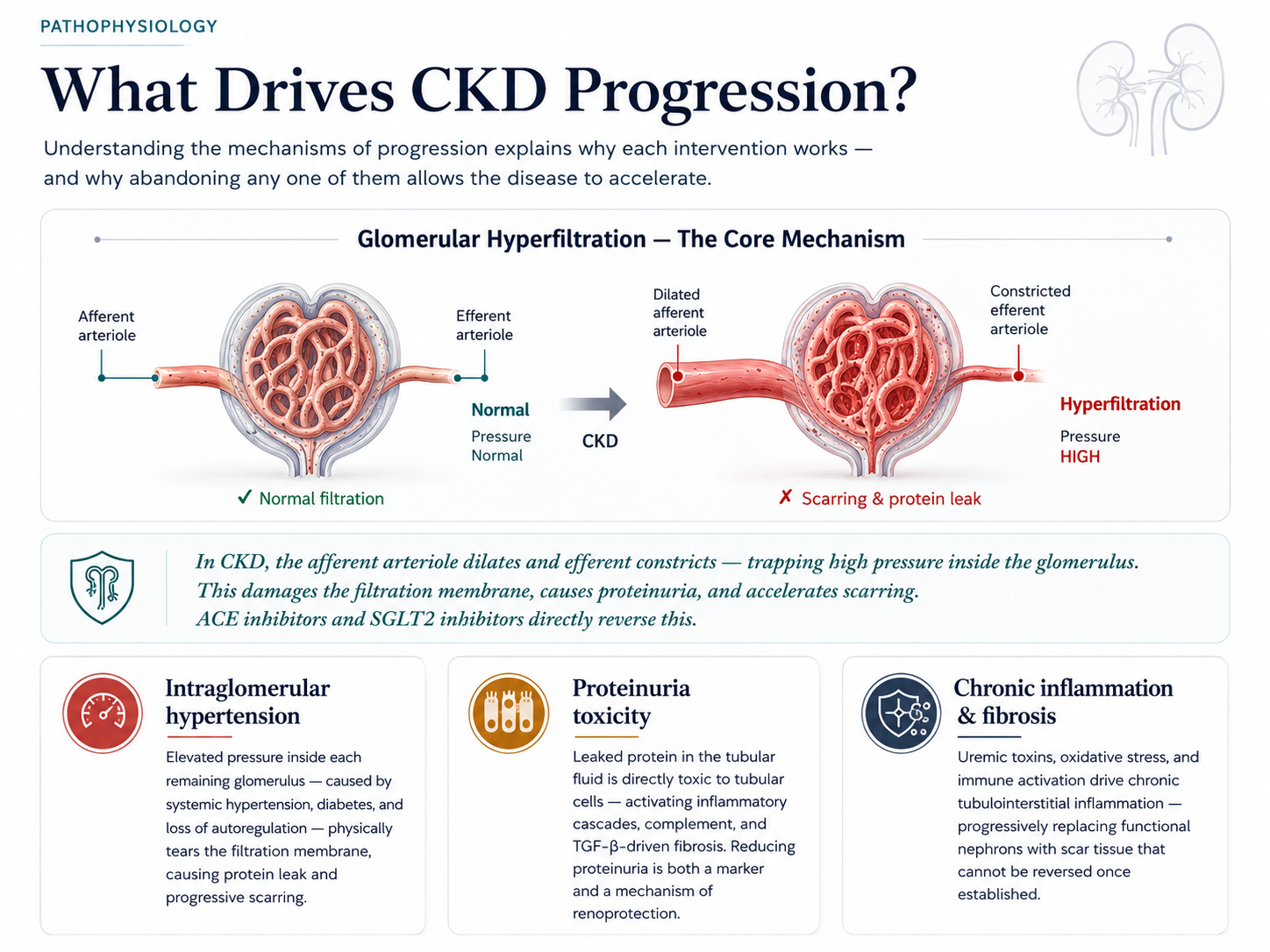 What Drives CKD Progression? — glomerular hyperfiltration as the core mechanism (afferent arteriole dilates, efferent constricts, trapping high pressure inside the glomerulus), and the three drivers of decline: intraglomerular hypertension, proteinuria toxicity, and chronic inflammation with fibrosis. ACE inhibitors and SGLT2 inhibitors directly reverse the hyperfiltration.