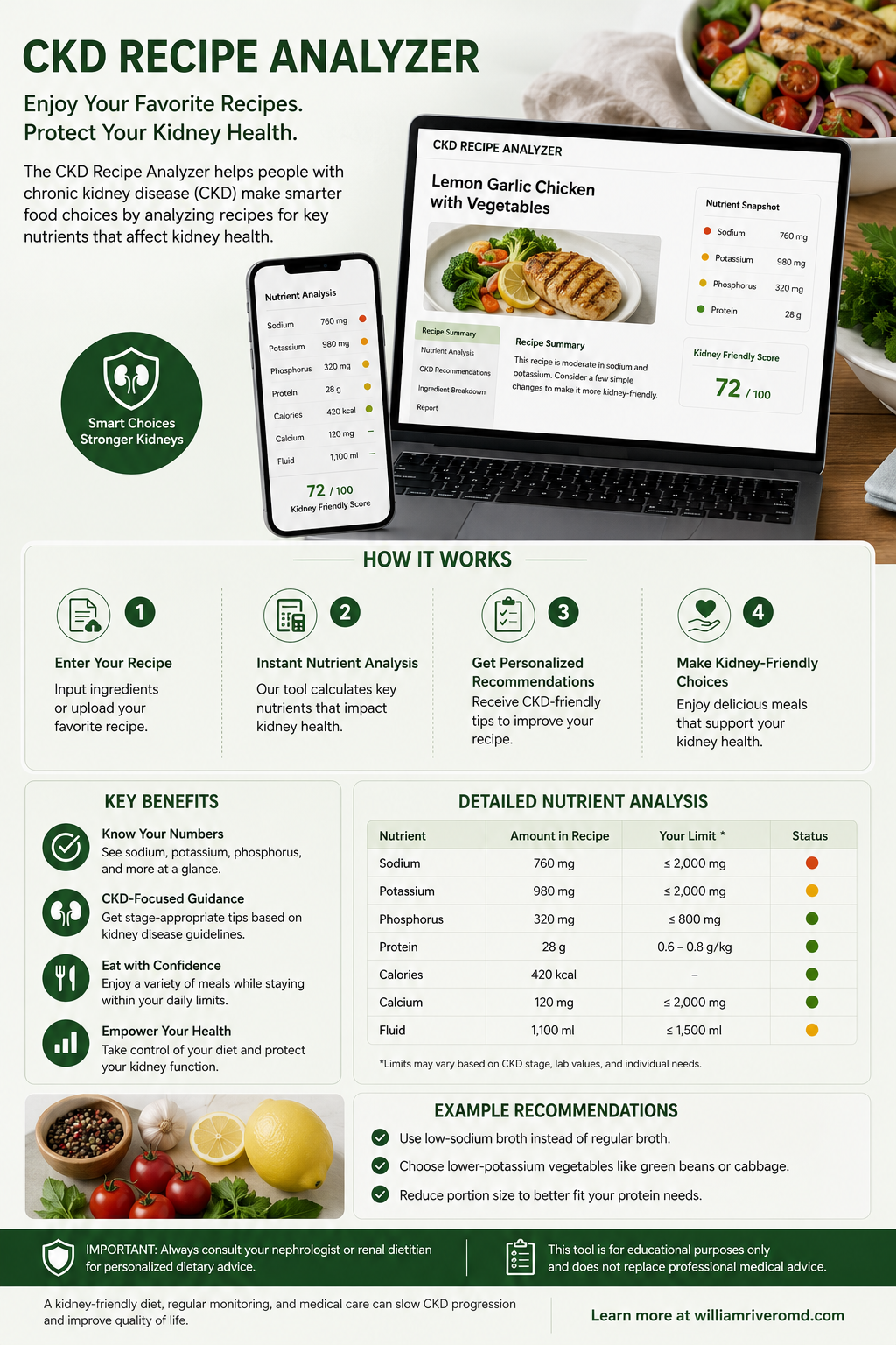 CKD Recipe Analyzer overview — how it works in 4 steps (enter recipe, instant nutrient analysis, personalized recommendations, make kidney-friendly choices), key benefits, detailed nutrient analysis table, and example recommendations.