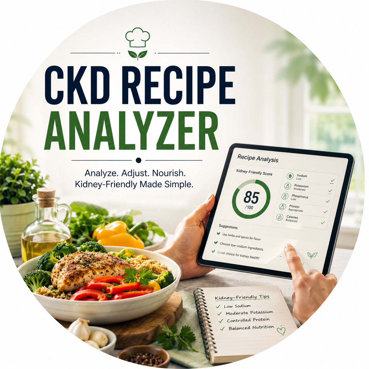Circular vignette hero illustration for the CKD recipe nutrition analyzer.
