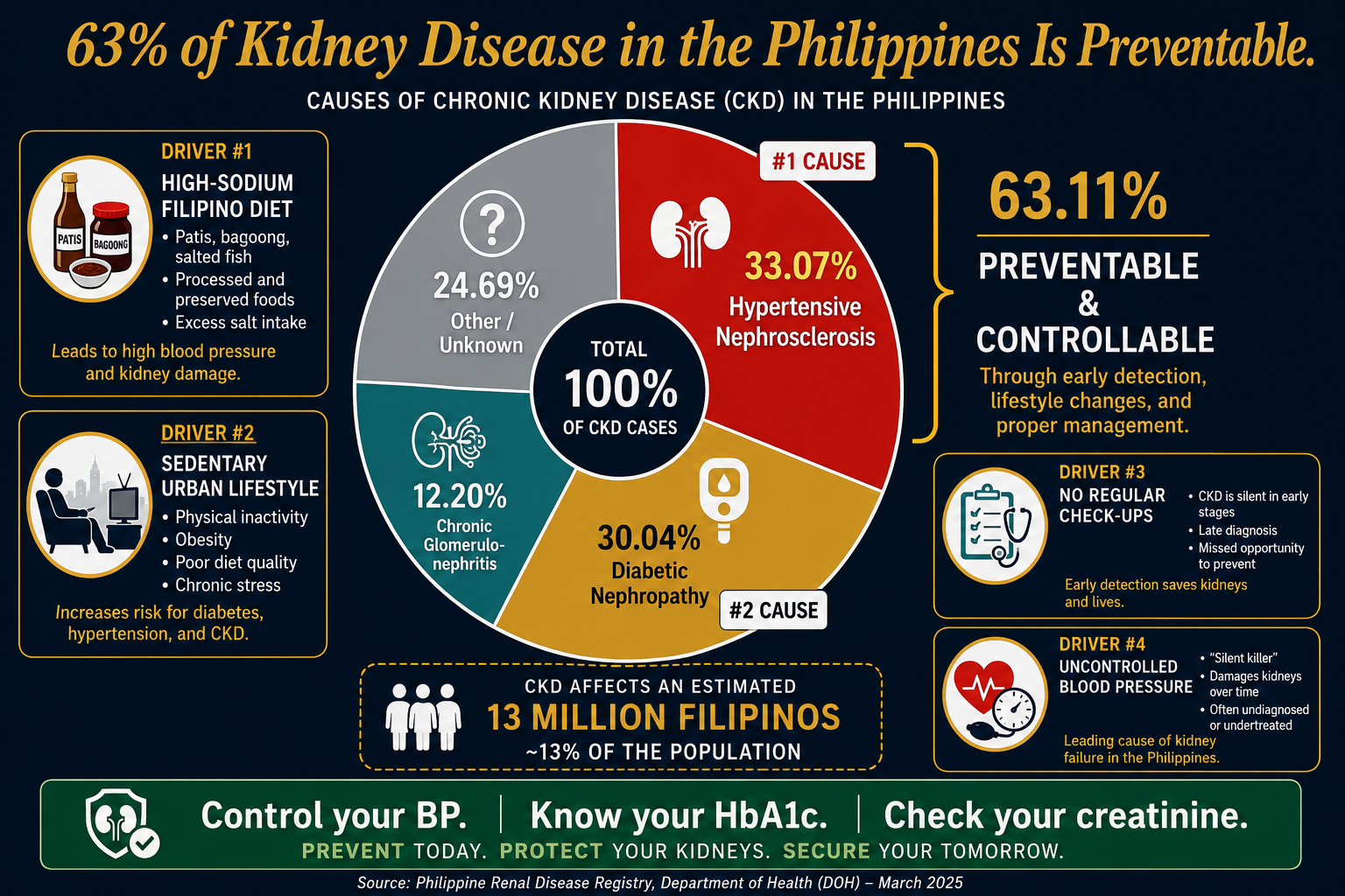 Donut chart: 63.11% of Philippine kidney disease is caused by hypertension (33.07%) and diabetes (30.04%) — both preventable and controllable. Remaining causes: chronic glomerulonephritis 12.20%, other/unknown 24.69%.