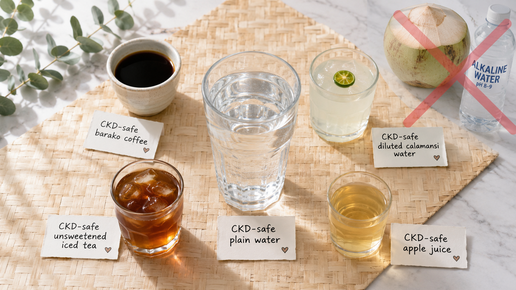 Flat-lay on banig mat showing CKD-safe drinks: plain water, barako coffee, iced tea, calamansi water, apple juice — with buko and alkaline water crossed out in corner