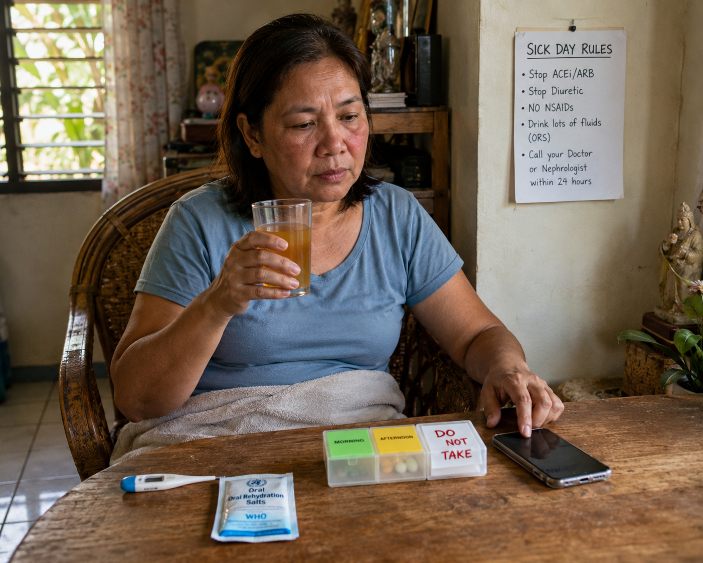 Filipino woman with CKD following sick-day rules at home — drinking ORS, pill organizer with DO NOT TAKE compartment, sick-day rules posted on wall, calling her nephrologist